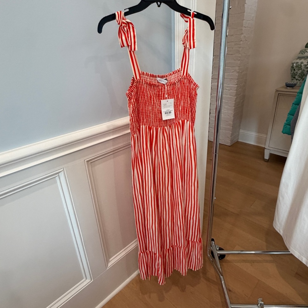 Orangey Red & White Striped Maxi Dress with Tie Straps